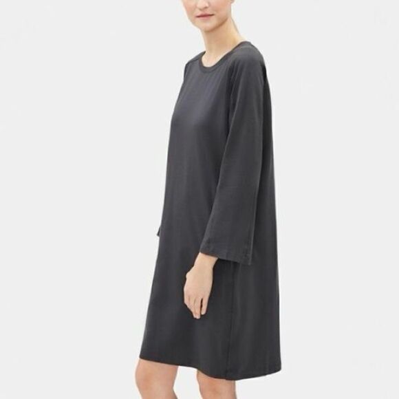 Eileen Fisher Crewneck Jersey Dress With Pockets Graphite Sz S - Picture 2 of 5